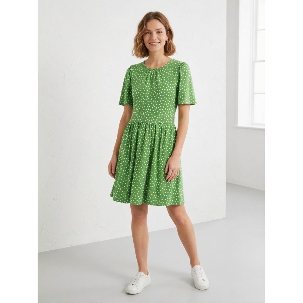 Boden Green Polka Dot Jersey Dress Short Sleeve Fit Flare 8P Cotton Modal